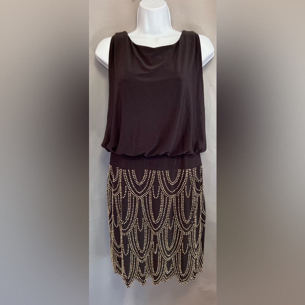 Cache Dress Womens Sz 4 Brown Gold‎ Beaded Sleeveless Stretchy Evening Cocktail